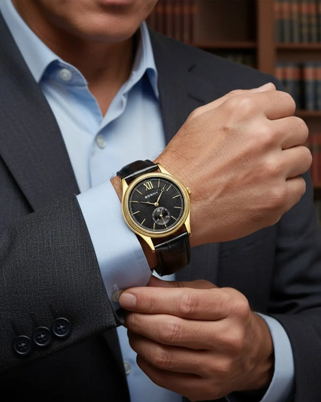 Homem ajustando o relógio Berny Monarch Black no pulso, estilo social e sofisticado