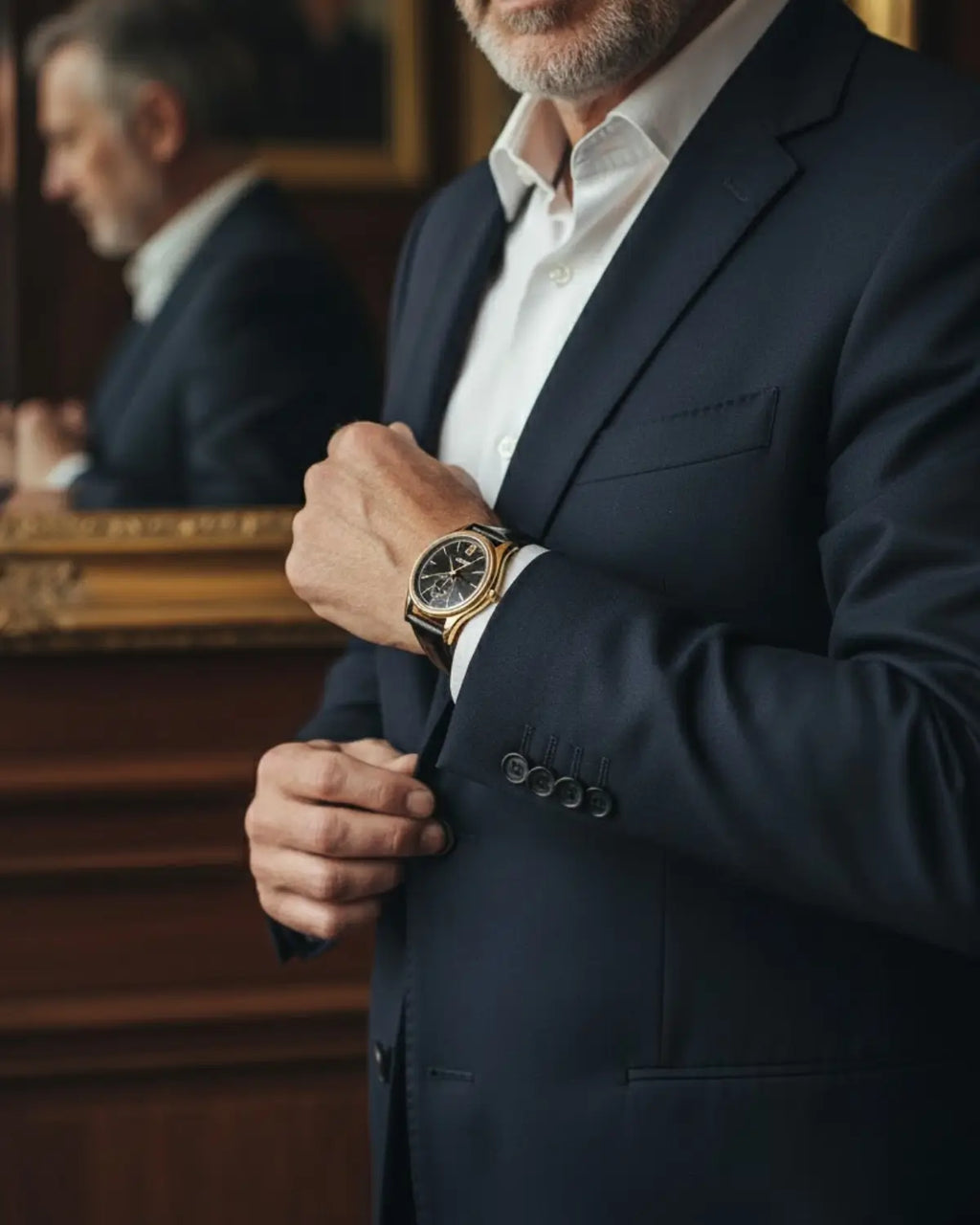 Homem elegante com terno azul usando o relógio Berny Monarch Black, estilo clássico e refinado