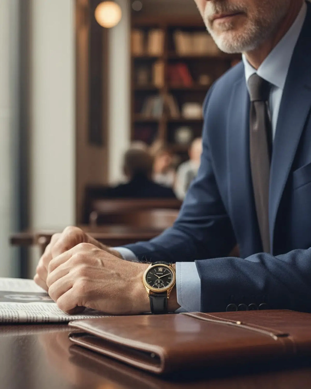 Executivo usando o relógio Berny Monarch Black durante reunião em ambiente de negócios